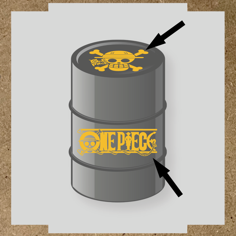 Kit de 2 stickers pour baril représentant un tonneau avec un logo de crâne et des os croisés, et le texte 'ONE PIECE' sur le côté. couleur:jaune