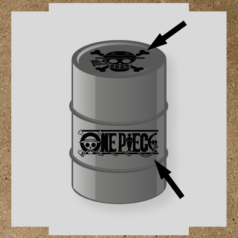 Kit de 2 stickers pour baril représentant un tonneau avec un logo de crâne et des os croisés, et le texte 'ONE PIECE' sur le côté. couleur:noir