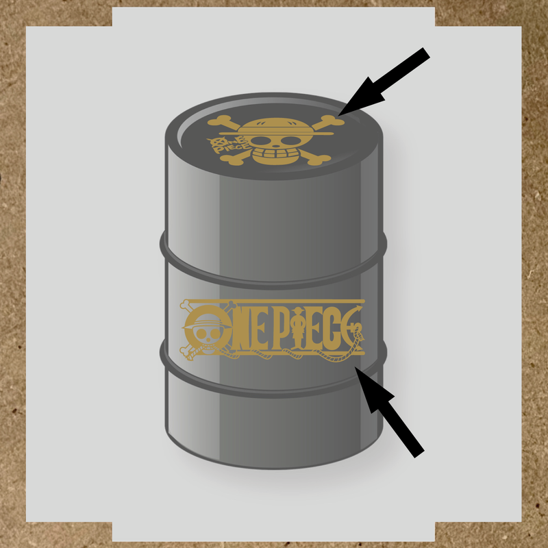 Kit de 2 stickers pour baril représentant un tonneau avec un logo de crâne et des os croisés, et le texte 'ONE PIECE' sur le côté. couleur:or