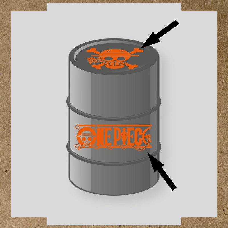 Kit de 2 stickers pour baril représentant un tonneau avec un logo de crâne et des os croisés, et le texte 'ONE PIECE' sur le côté. couleur:orange