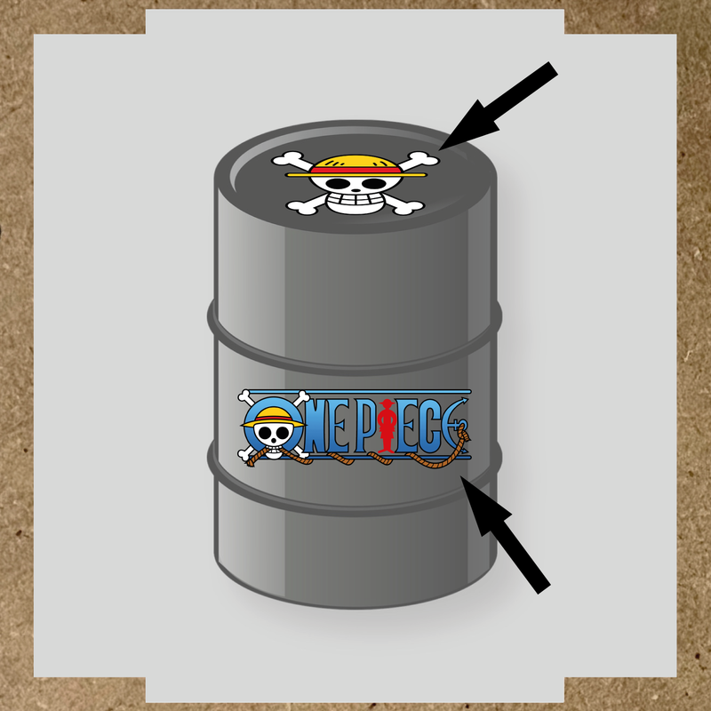 Kit de 2 stickers pour baril avec des designs représentant un crâne avec un chapeau de paille et le texte 'ONE PIECE'