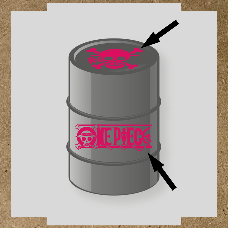 Kit de 2 stickers pour baril représentant un tonneau avec un logo de crâne et des os croisés, et le texte 'ONE PIECE' sur le côté. couleur:rose