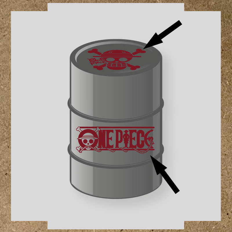 Kit de 2 stickers pour baril représentant un tonneau avec un logo de crâne et des os croisés, et le texte 'ONE PIECE' sur le côté. couleur:rouge bordeaux