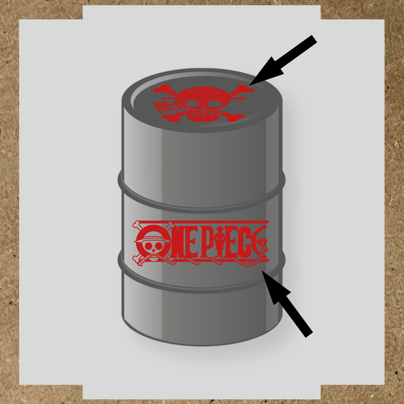 Kit de 2 stickers pour baril représentant un tonneau avec un logo de crâne et des os croisés, et le texte 'ONE PIECE' sur le côté. couleur:rouge foncé