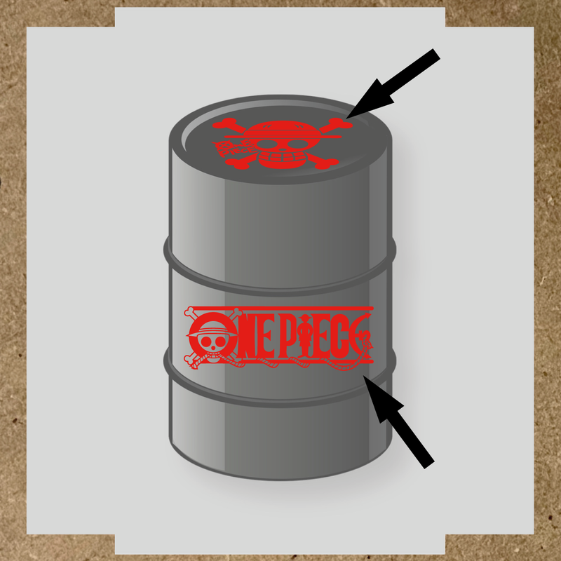 Kit de 2 stickers pour baril représentant un tonneau avec un logo de crâne et des os croisés, et le texte 'ONE PIECE' sur le côté. couleur:rouge vif