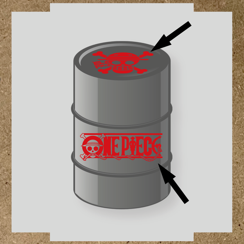 Kit de 2 stickers pour baril représentant un tonneau avec un logo de crâne et des os croisés, et le texte 'ONE PIECE' sur le côté. couleur:rouge