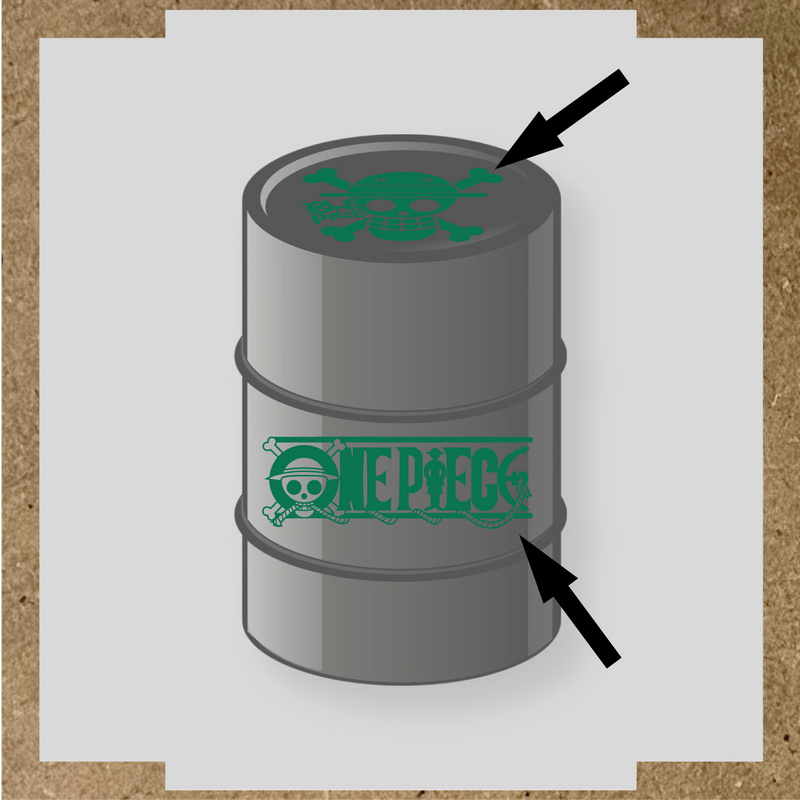 Kit de 2 stickers pour baril représentant un tonneau avec un logo de crâne et des os croisés, et le texte 'ONE PIECE' sur le côté. couleur:vert émeraude