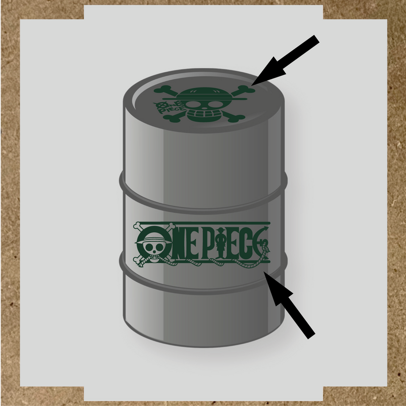 Kit de 2 stickers pour baril représentant un tonneau avec un logo de crâne et des os croisés, et le texte 'ONE PIECE' sur le côté. couleur:vert forêt