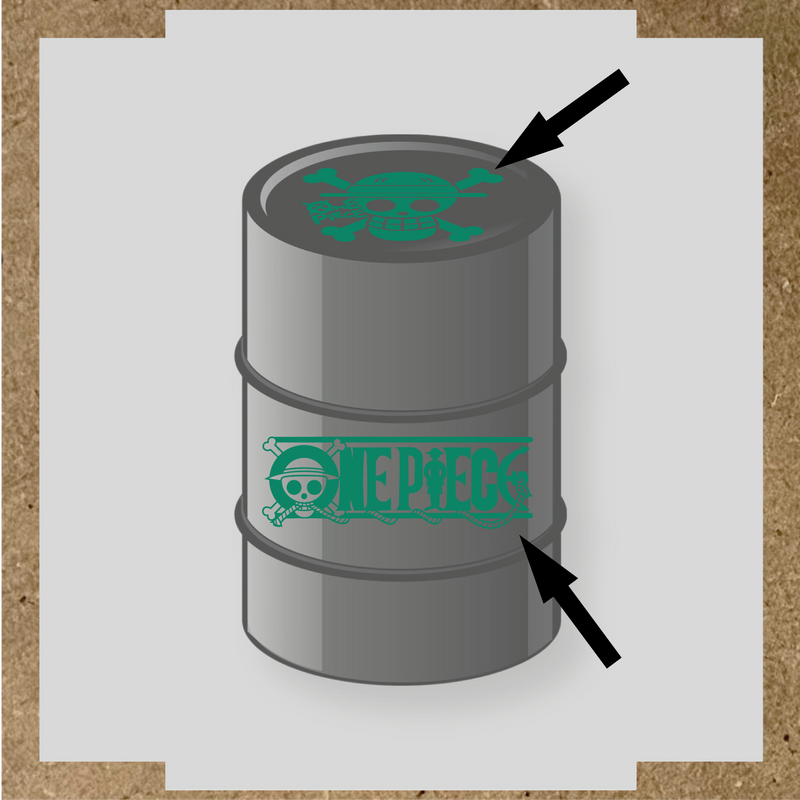 Kit de 2 stickers pour baril représentant un tonneau avec un logo de crâne et des os croisés, et le texte 'ONE PIECE' sur le côté. couleur:vert jade
