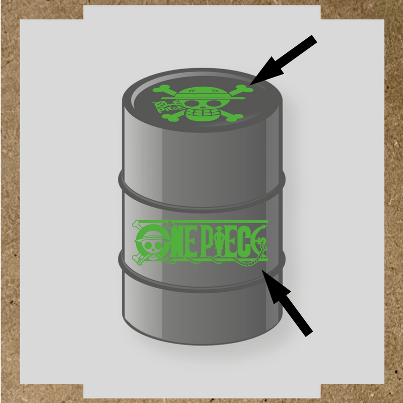 Kit de 2 stickers pour baril représentant un tonneau avec un logo de crâne et des os croisés, et le texte 'ONE PIECE' sur le côté. couleur:vert prairie