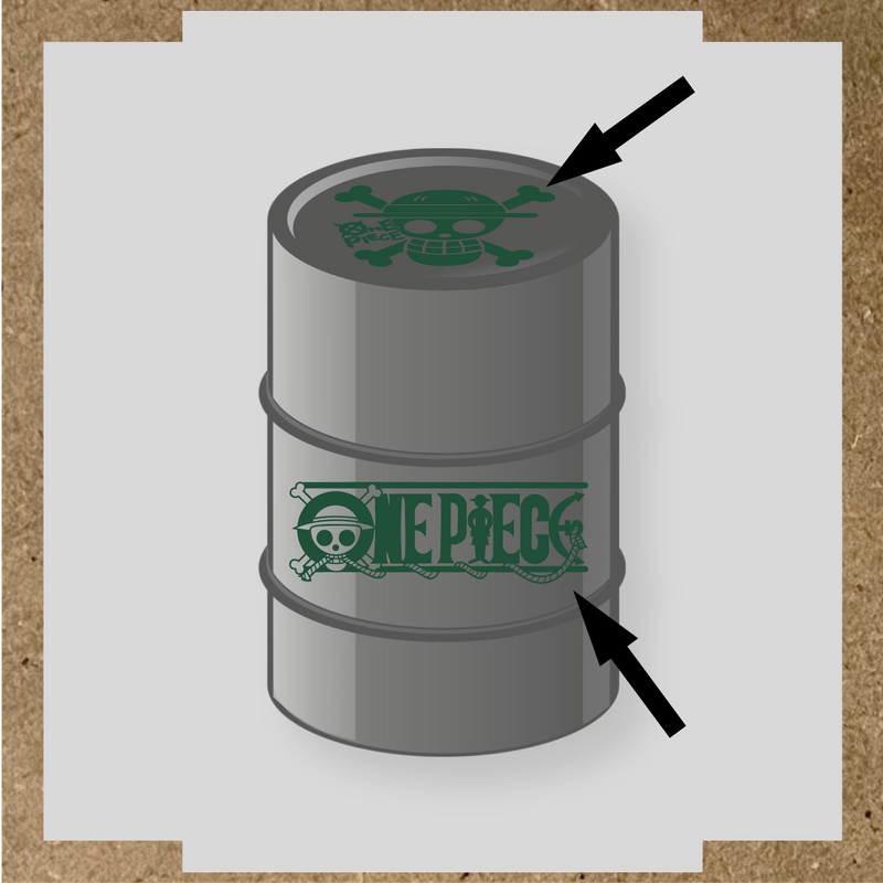 Kit de 2 stickers pour baril représentant un tonneau avec un logo de crâne et des os croisés, et le texte 'ONE PIECE' sur le côté. couleur:vert sapin