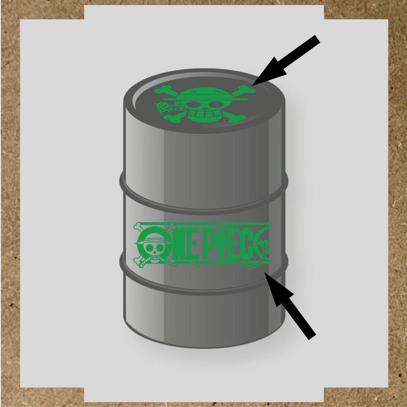 Kit de 2 stickers pour baril représentant un tonneau avec un logo de crâne et des os croisés, et le texte 'ONE PIECE' sur le côté. couleur:vert vif
