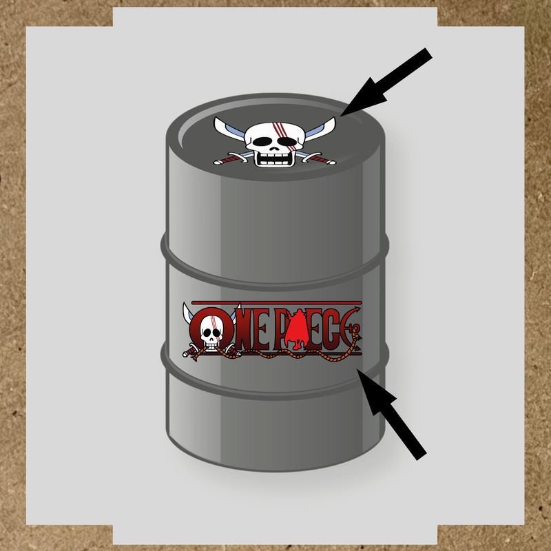 Kit de 2 stickers pour baril avec un design ONE PIECE, comprenant un crâne sur le dessus et le texte 'ONE PIECE' sur le côté.