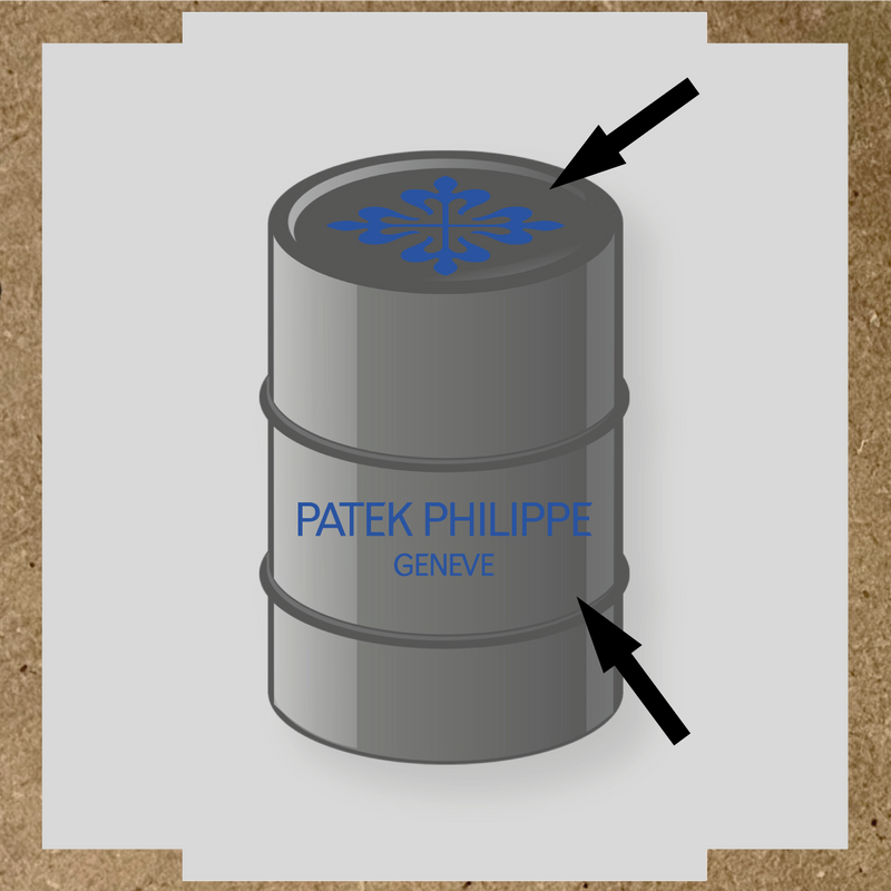 Kit de 2 stickers pour baril, design en vinyle représentant un motif complexe avec le texte 'PATEK PHILIPPE GENEVE' couleur:bleu acier
