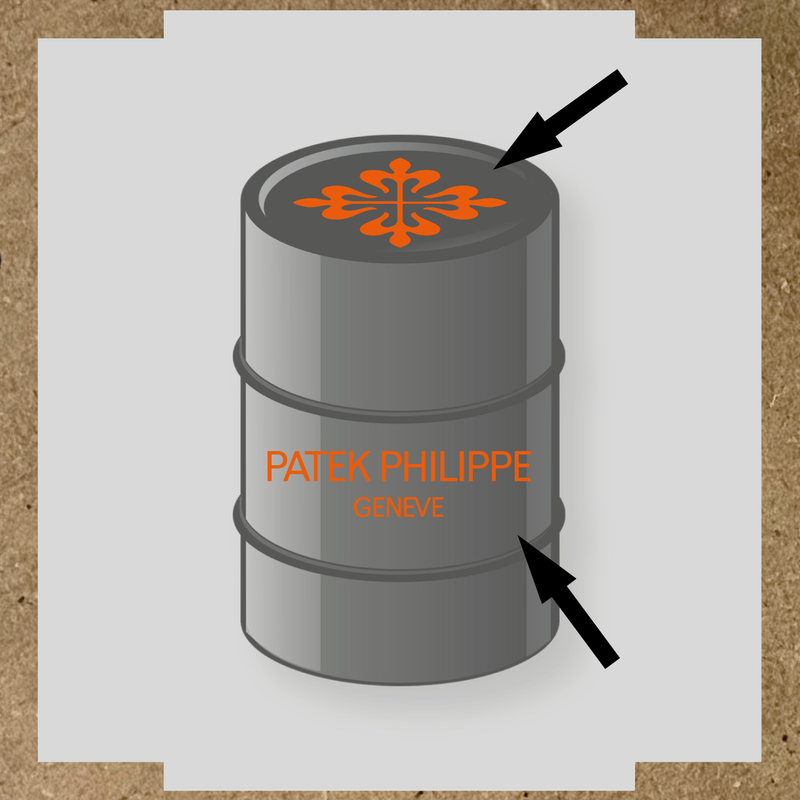 Kit de 2 stickers pour baril, design en vinyle représentant un motif complexe avec le texte 'PATEK PHILIPPE GENEVE' couleur:orange