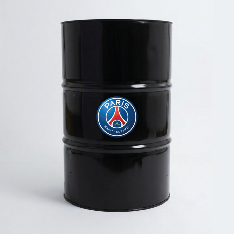 Vue du dessus d’un baril décoratif avec sticker supérieur PSG