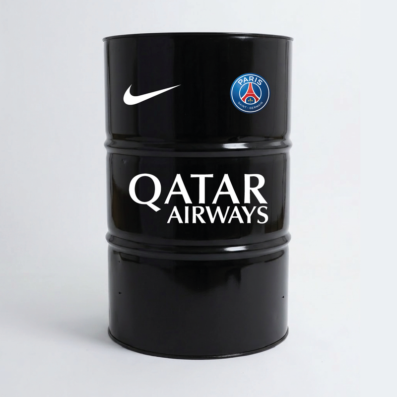 Vue de face d’un baril décoratif avec kit de 4 stickers Paris Saint-Germain 