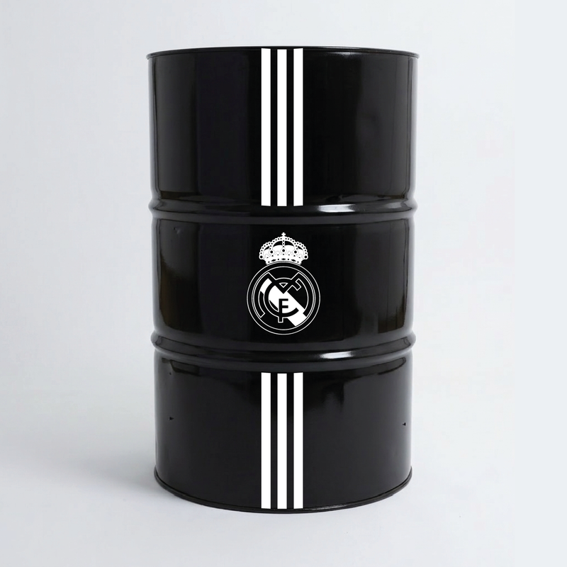 Vue de face d’un baril décoratif avec kit de 4 stickers Real Madrid 