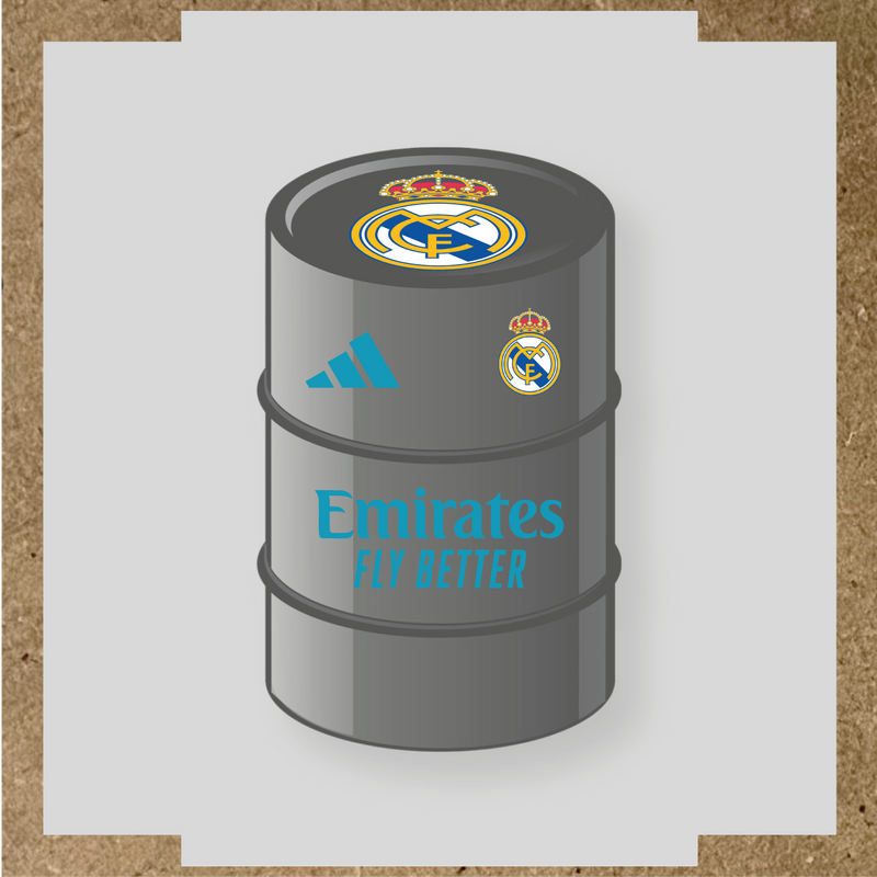 Kit de 4 stickers pour baril décoratif design Real Madrid avec le logo sur le dessus. couleur:bleu azur