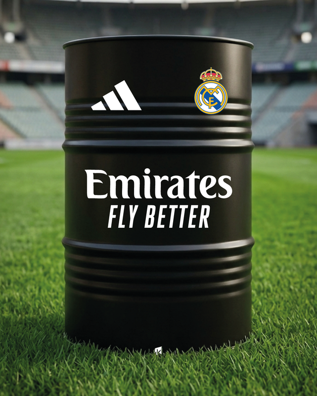 Mise en situation d’un baril décoratif avec kit de 4 stickers Real Madrid version 2 