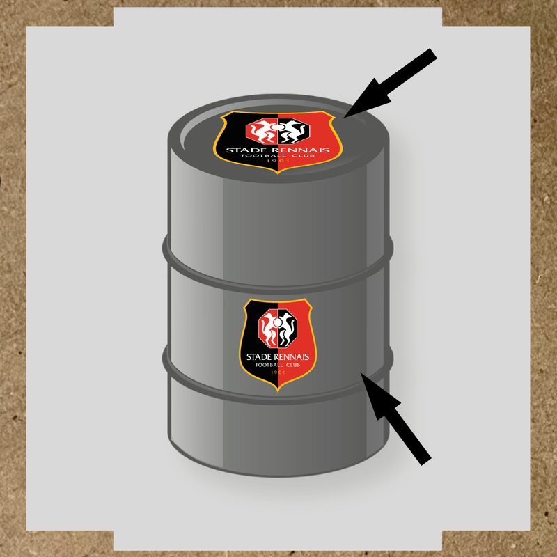 Kit de 2 stickers pour baril Stade Rennais, avec logo sur le dessus et le côté d'un baril gris。