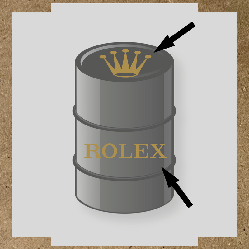 Visuel du kit de 2 stickers pour baril nom de licence avec couronne et texte en blanc sur un design gris. couleur:or