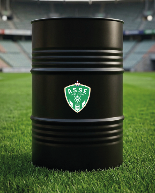 Mise en situation d’un baril décoratif avec kit de 2 stickers Saint Etienne 1994