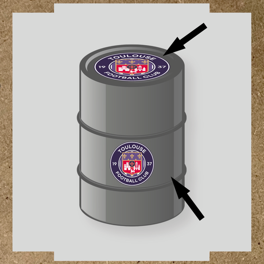 Kit de 2 stickers pour baril Toulouse Football Club, affichant le logo du club en haut et sur le côté du baril.