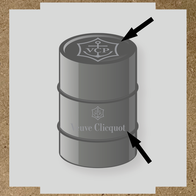 Kit de 2 stickers pour baril avec logo VCP et texte Veuve Clicquot, design plat en gris et blanc couleur:argent