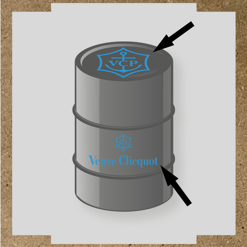 Kit de 2 stickers pour baril avec logo VCP et texte Veuve Clicquot, design plat en gris et blanc couleur:bleu ciel