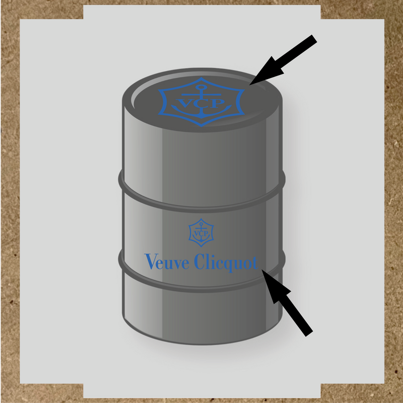 Kit de 2 stickers pour baril avec logo VCP et texte Veuve Clicquot, design plat en gris et blanc couleur:bleu pétrole