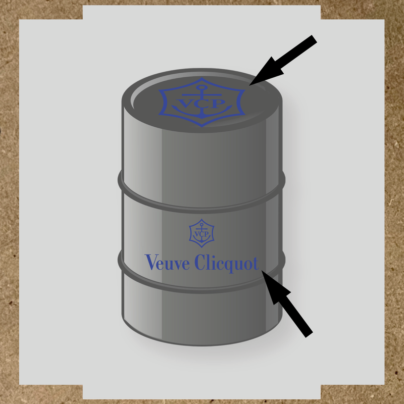 Kit de 2 stickers pour baril avec logo VCP et texte Veuve Clicquot, design plat en gris et blanc couleur:bleu roi