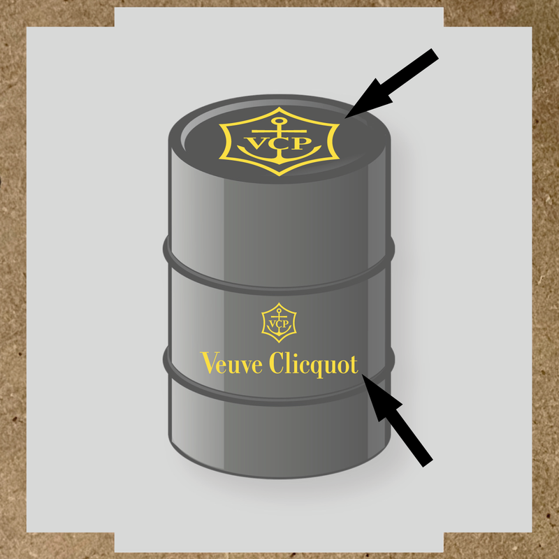 Kit de 2 stickers pour baril avec logo VCP et texte Veuve Clicquot, design plat en gris et blanc couleur:jaune clair