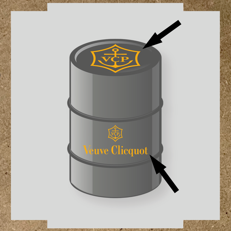 Kit de 2 stickers pour baril avec logo VCP et texte Veuve Clicquot, design plat en gris et blanc couleur:jaune foncé