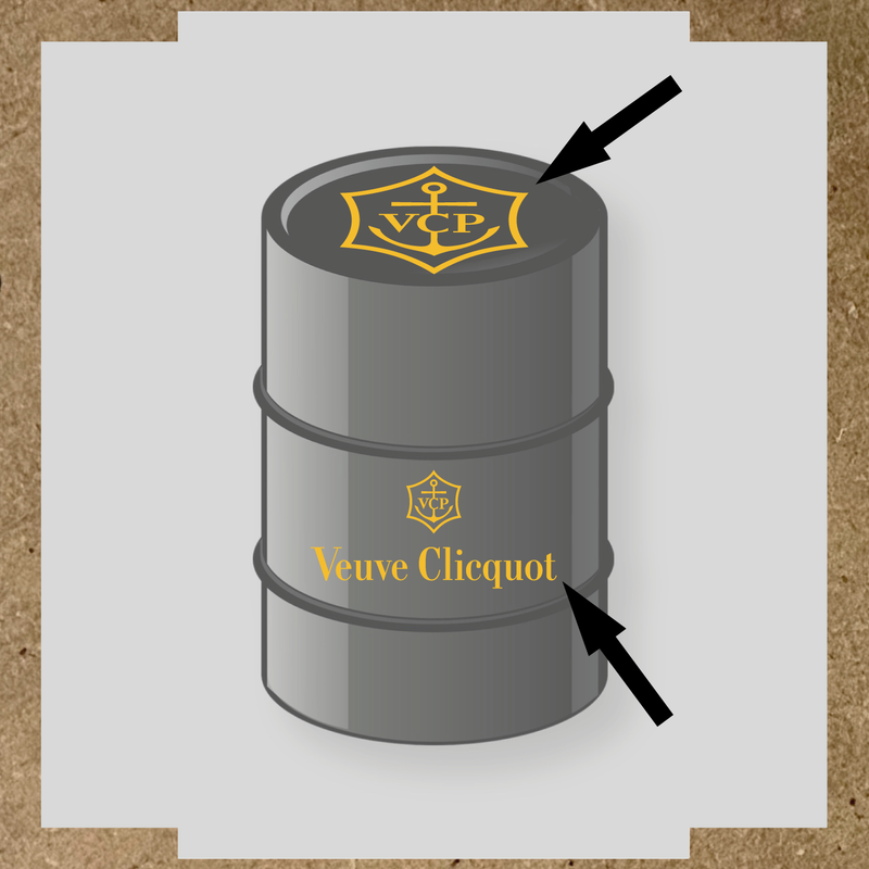 Kit de 2 stickers pour baril avec logo VCP et texte Veuve Clicquot, design plat en gris et blanc couleur:jaune