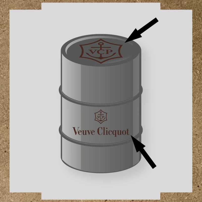 Kit de 2 stickers pour baril avec logo VCP et texte Veuve Clicquot, design plat en gris et blanc couleur:marron foncé