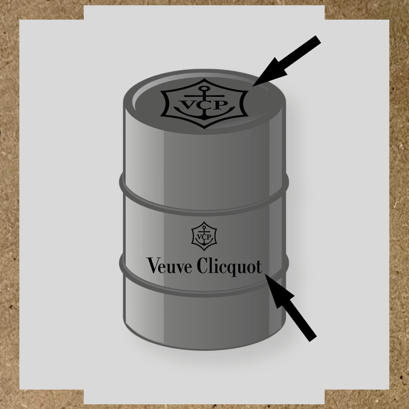 Kit de 2 stickers pour baril avec logo VCP et texte Veuve Clicquot, design plat en gris et blanc couleur:noir