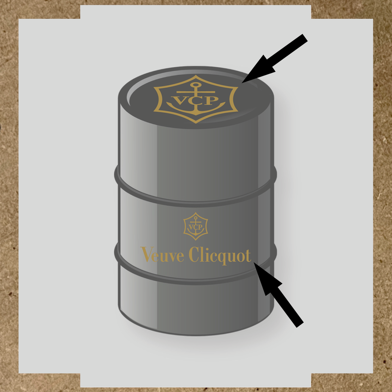 Kit de 2 stickers pour baril avec logo VCP et texte Veuve Clicquot, design plat en gris et blanc couleur:or