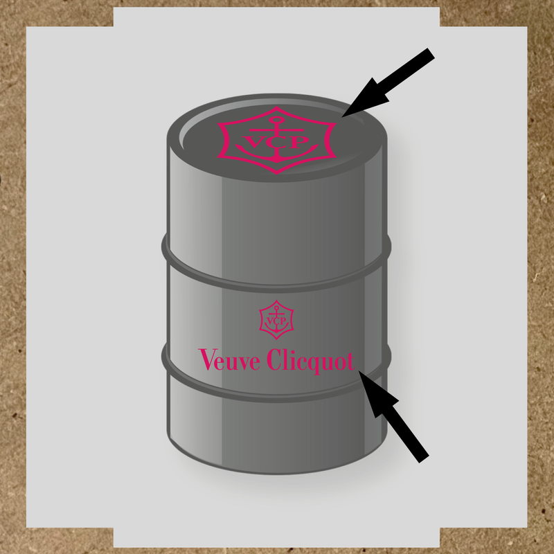 Kit de 2 stickers pour baril avec logo VCP et texte Veuve Clicquot, design plat en gris et blanc couleur:rose