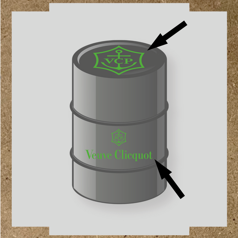 Kit de 2 stickers pour baril avec logo VCP et texte Veuve Clicquot, design plat en gris et blanc couleur:vert prairie