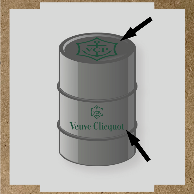 Kit de 2 stickers pour baril avec logo VCP et texte Veuve Clicquot, design plat en gris et blanc couleur:vert sapin