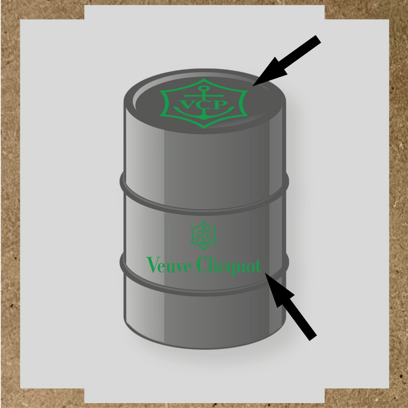 Kit de 2 stickers pour baril avec logo VCP et texte Veuve Clicquot, design plat en gris et blanc couleur:vert vif