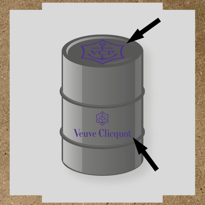 Kit de 2 stickers pour baril avec logo VCP et texte Veuve Clicquot, design plat en gris et blanc couleur:violet
